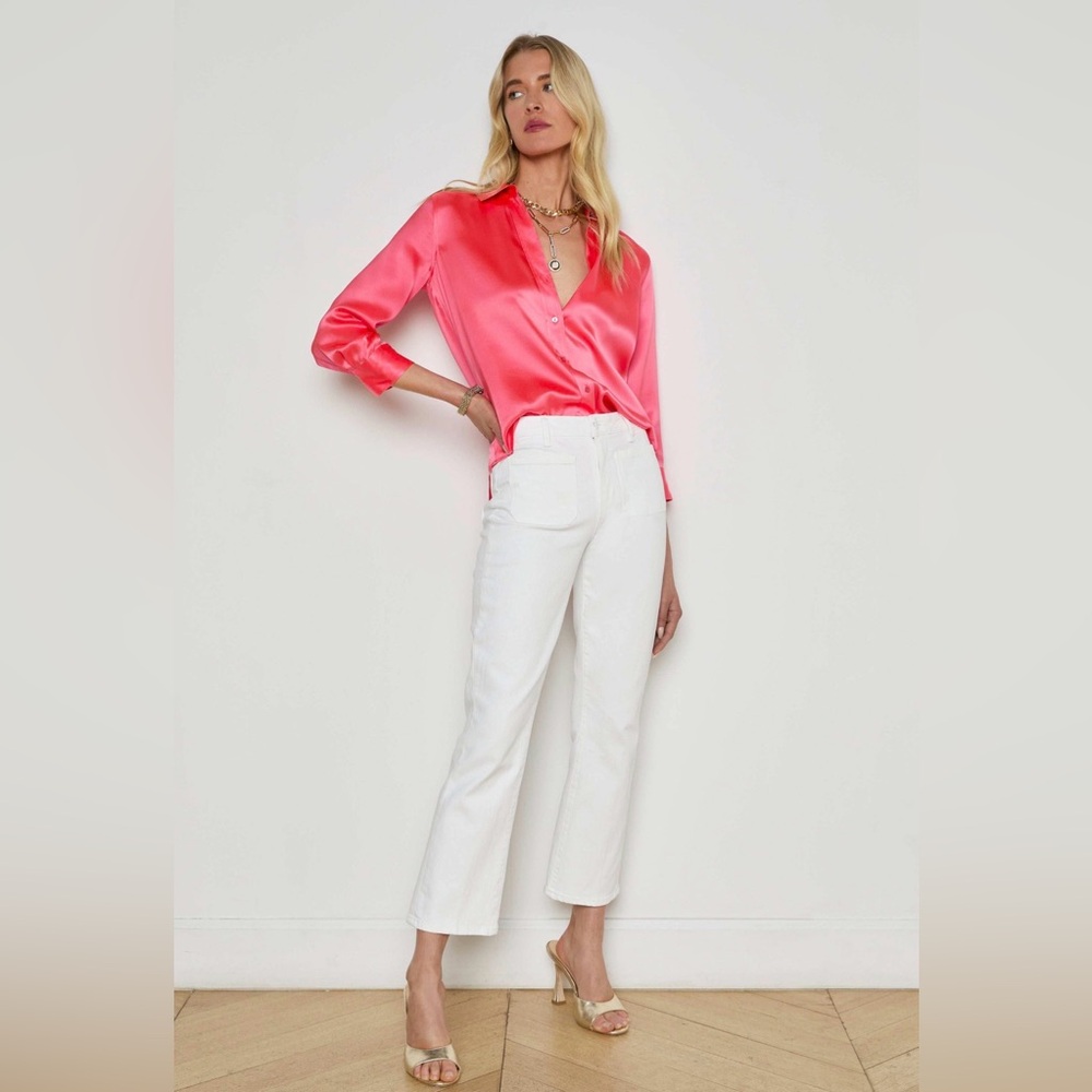 L'AGENCE noya high rise patch pocket slim flare jeans in white Size 25 New